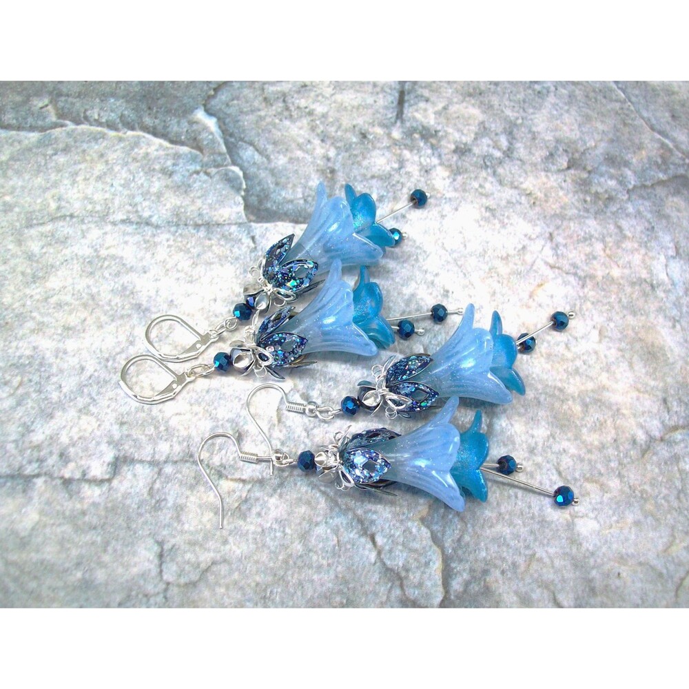 Blue Floral Drop Earrings, Boho Dangles, Silver Earrings, Artisan Crafted